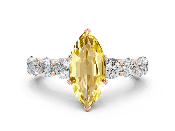 Rose gold Marquise Cut Yellow Sapphire Prong Setting with Side Stones on a Pave Band