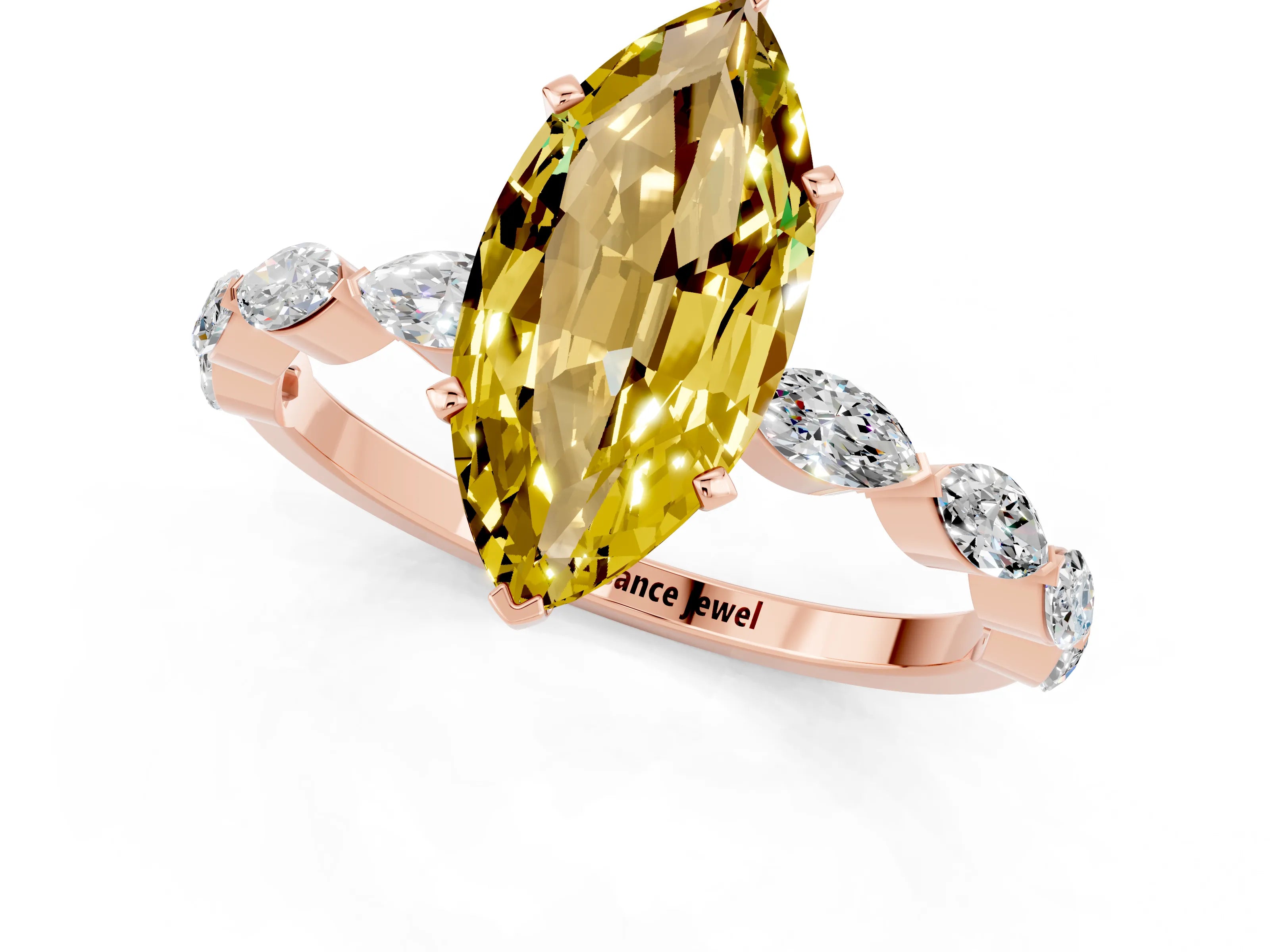 Rose gold Marquise Cut Yellow Sapphire Ring with Marquise Side Stones and Prong Setting_13