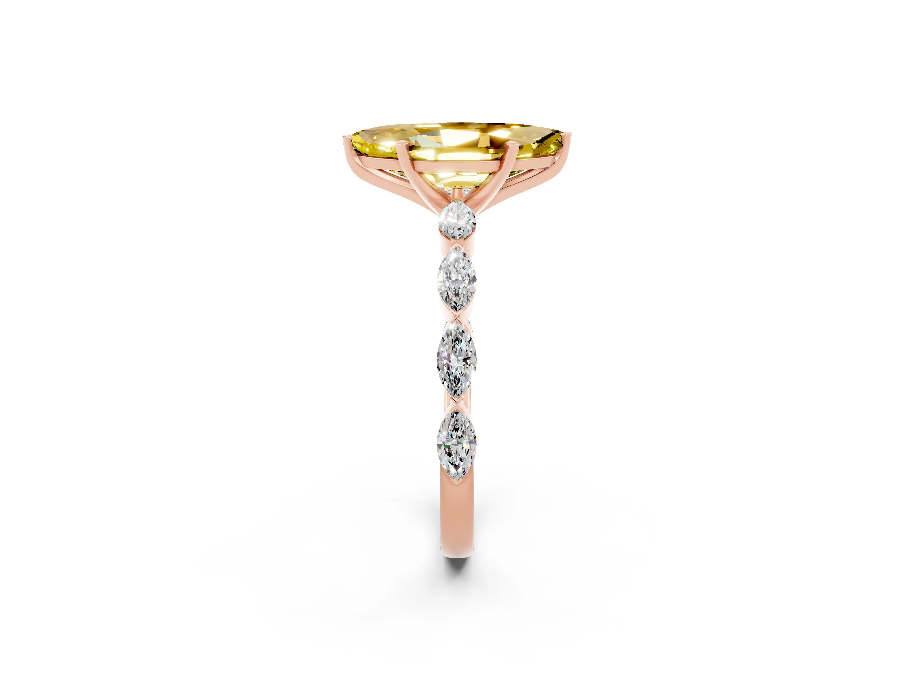 Rose gold Marquise Cut Yellow Sapphire Ring with Marquise Side Stones and Prong Setting_14