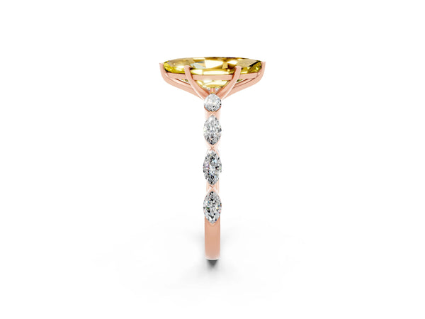 Rose gold Marquise Cut Yellow Sapphire Ring with Marquise Side Stones and Prong Setting