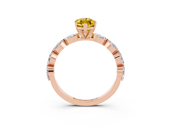 Rose gold Marquise Cut Yellow Sapphire Ring with Marquise Side Stones and Prong Setting