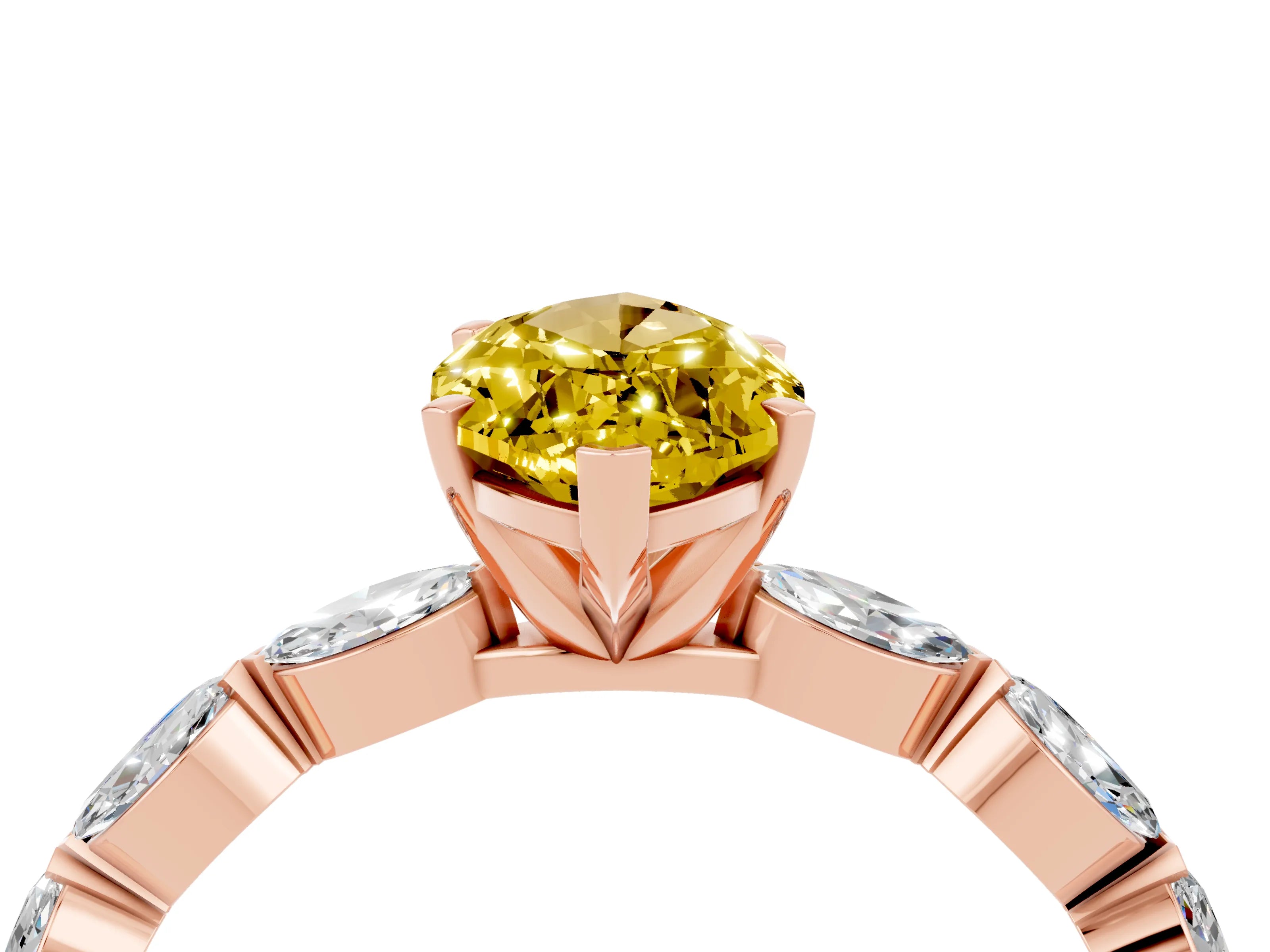 Rose gold Marquise Cut Yellow Sapphire Ring with Marquise Side Stones and Prong Setting_16