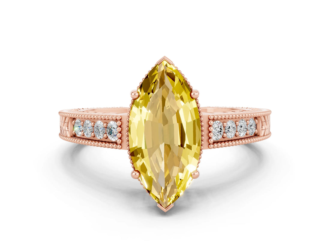 Rose gold Marquise Cut Yellow Sapphire Ring with Milgrain Pavé Band and Four-Prong Setting_36