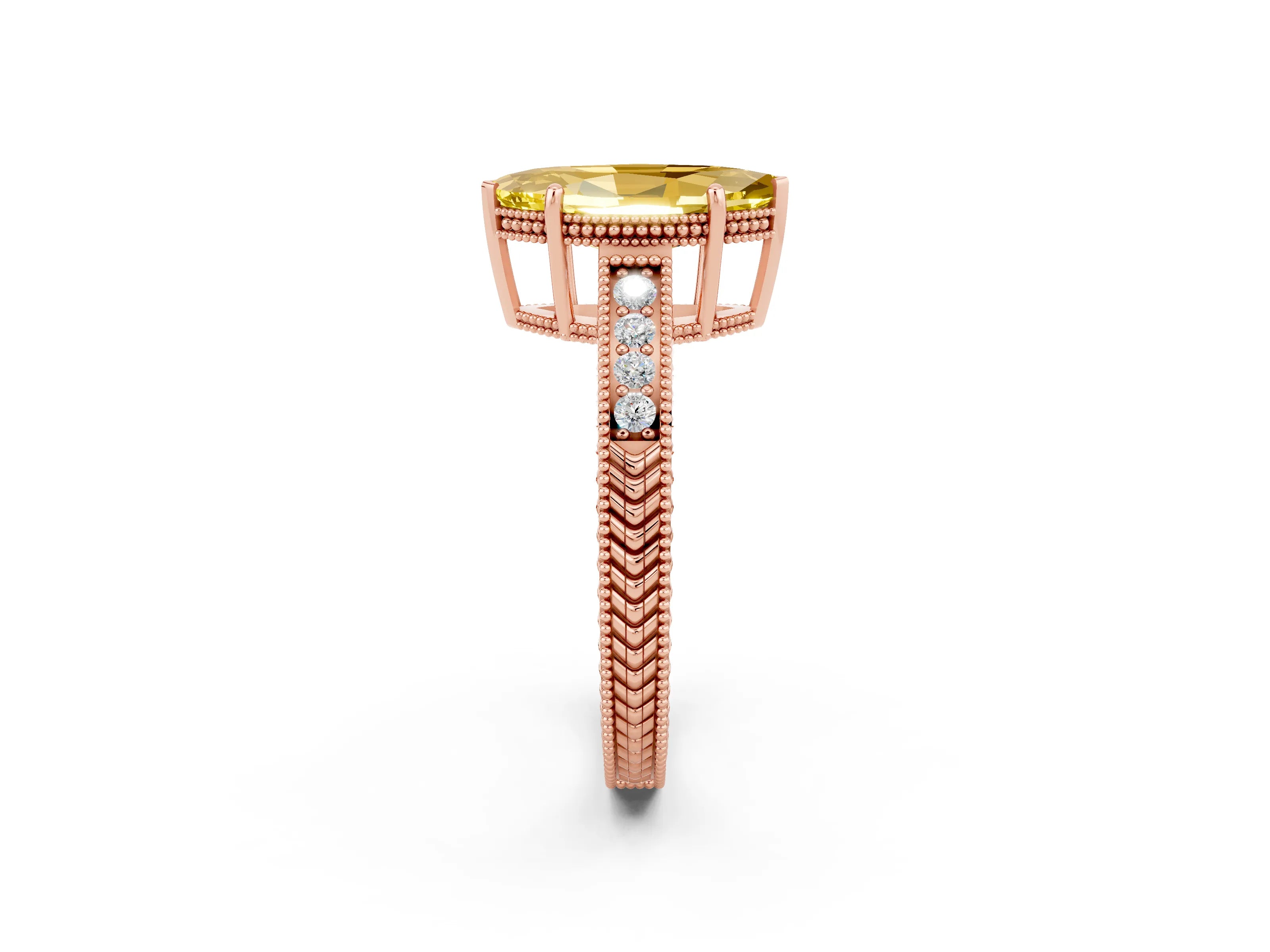Rose gold Marquise Cut Yellow Sapphire Ring with Milgrain Pavé Band and Four-Prong Setting_38