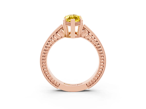 Rose gold Marquise Cut Yellow Sapphire Ring with Milgrain Pavé Band and Four-Prong Setting