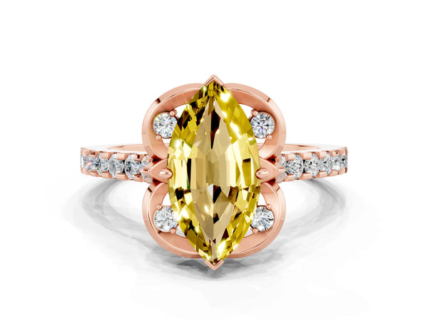 Rose gold Marquise Cut Yellow Sapphire Ring with Pavé Band and Floral Prong Setting