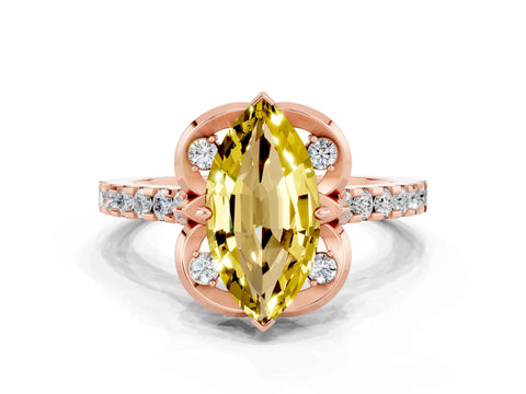 Rose gold Marquise Cut Yellow Sapphire Ring with Pavé Band and Floral Prong Setting
