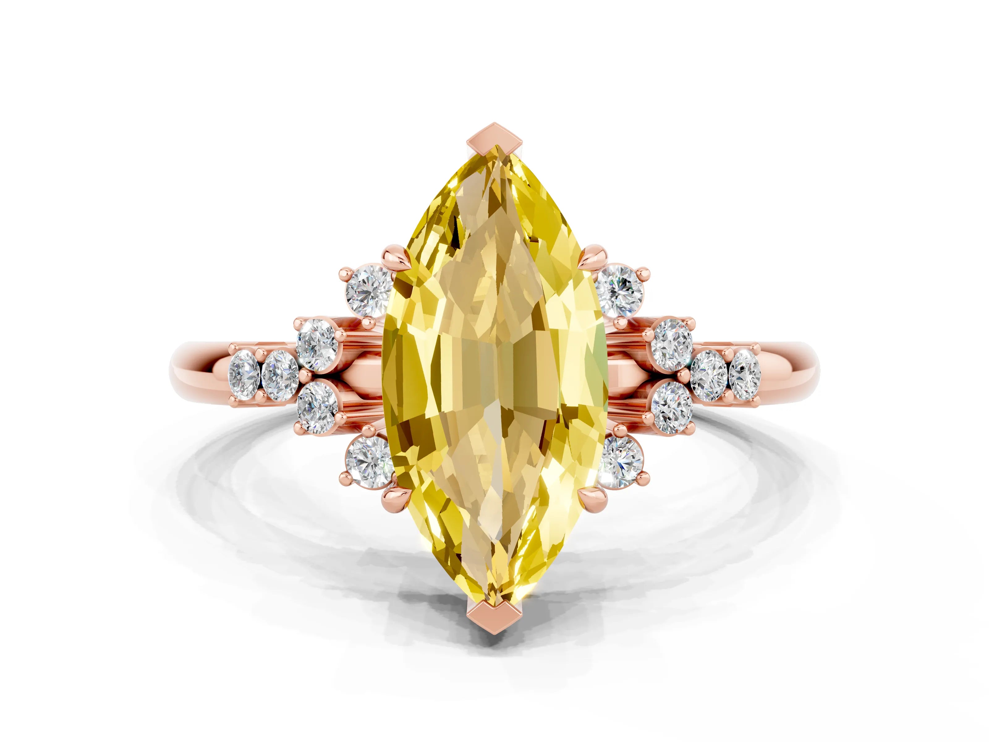 Rose gold Marquise Cut Yellow Sapphire Ring with Side Stones and Four-Prong Setting_60