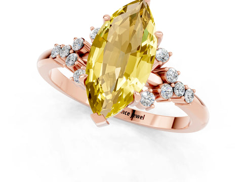 Rose gold Marquise Cut Yellow Sapphire Ring with Side Stones and Four-Prong Setting_61