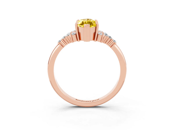 Rose gold Marquise Cut Yellow Sapphire Ring with Side Stones and Four-Prong Setting