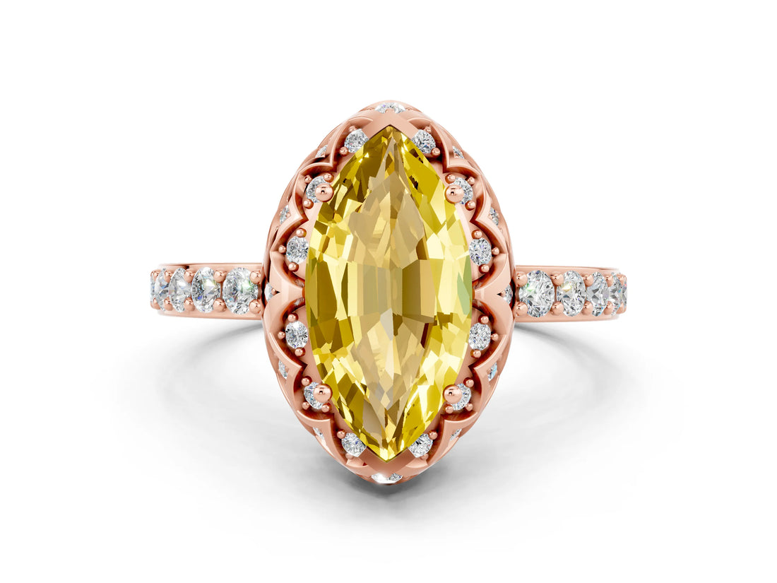 Rose gold Marquise Cut Yellow Sapphire Scalloped Halo Engagement Ring with Round Shared Prong Band_12