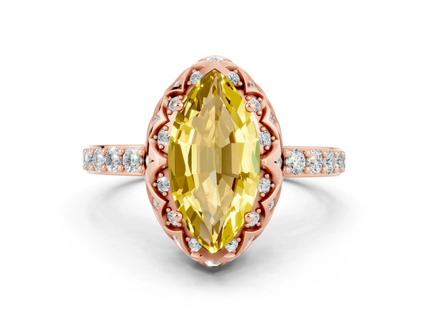 Rose gold Marquise Cut Yellow Sapphire Scalloped Halo Engagement Ring with Round Shared Prong Band