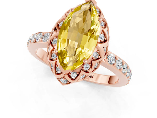 Rose gold Marquise Cut Yellow Sapphire Scalloped Halo Engagement Ring with Round Shared Prong Band