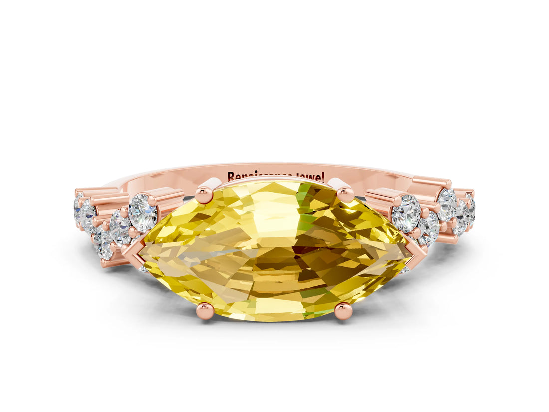 Rose gold Marquise Cut Yellow Sapphire Scattered Round Accent Ring with Prong Setting_12