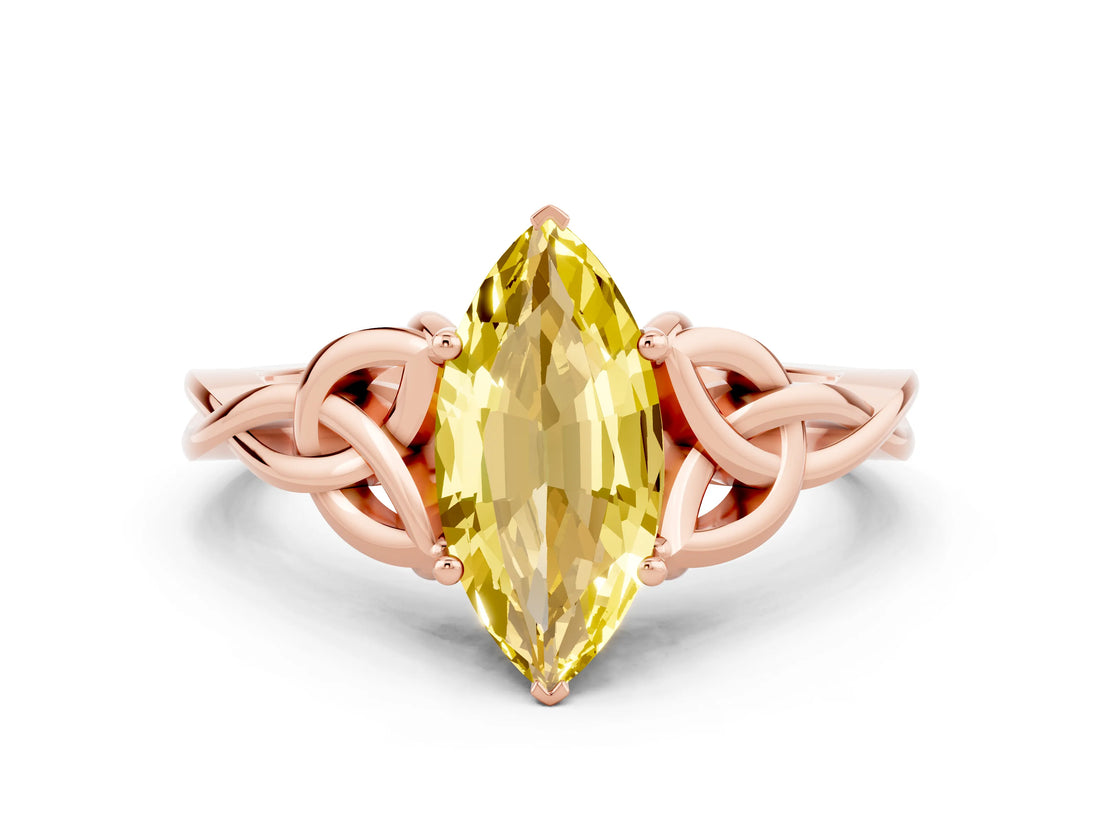 Rose gold Marquise Cut Yellow Sapphire Solitaire Celtic Knot Ring with Four-Prong Setting_24