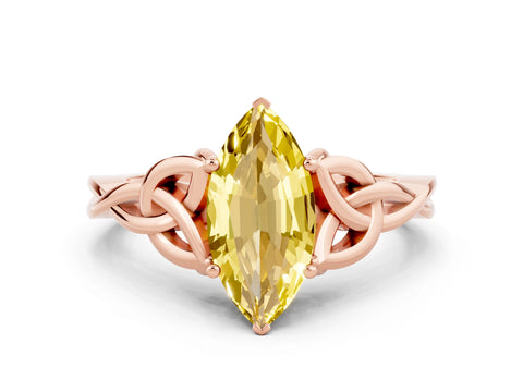 Rose gold Marquise Cut Yellow Sapphire Solitaire Celtic Knot Ring with Four-Prong Setting_24