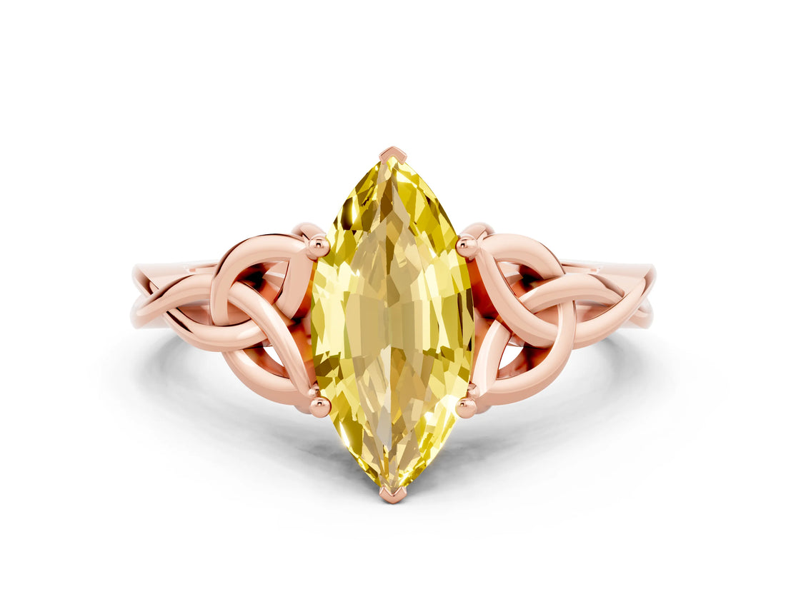 Rose gold Marquise Cut Yellow Sapphire Solitaire Engagement Ring with Celtic Knot Band and Four-Prong Setting_24