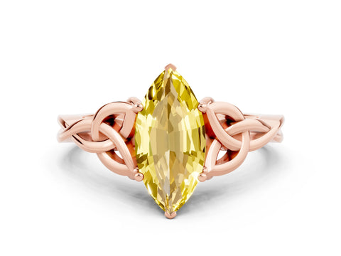 Rose gold Marquise Cut Yellow Sapphire Solitaire Engagement Ring with Celtic Knot Band and Four-Prong Setting_24