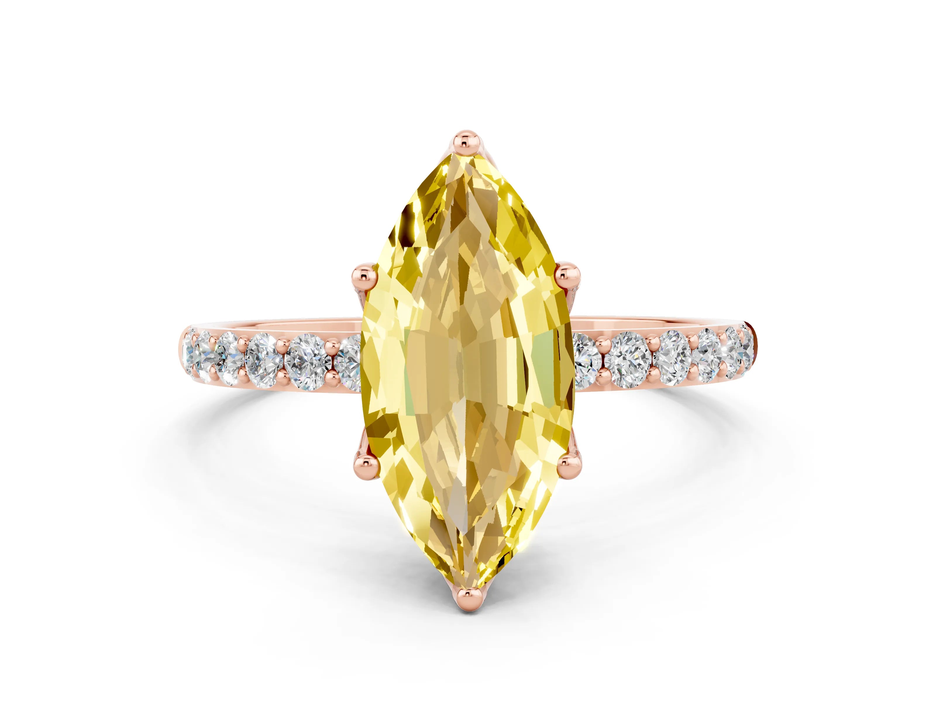Rose gold Marquise Cut Yellow Sapphire Solitaire Engagement Ring with Pavé Band and Prong Setting