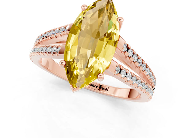 Rose gold Marquise Cut Yellow Sapphire Solitaire Engagement Ring with Split Shank Pavé Band