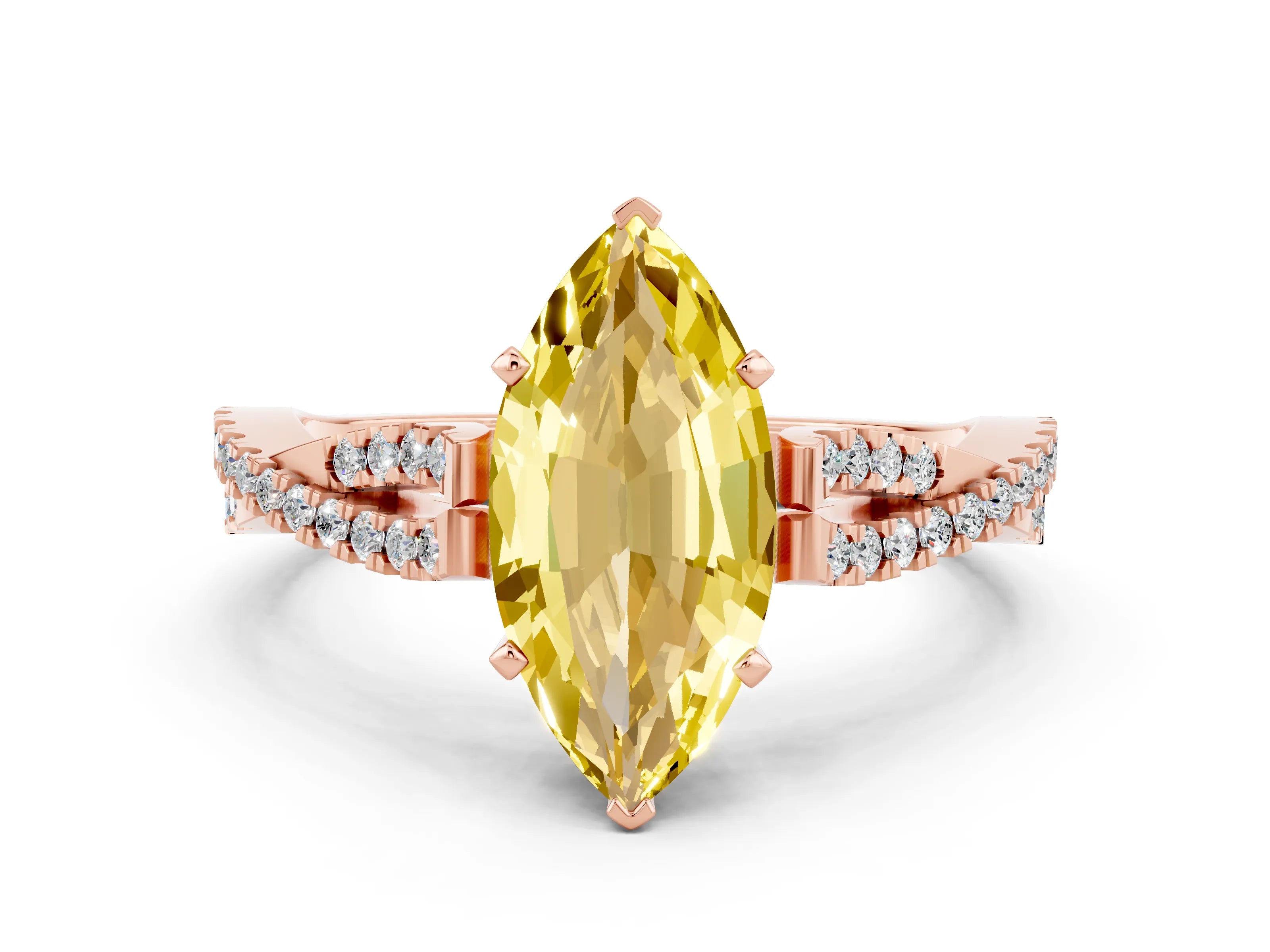 Rose gold Marquise Cut Yellow Sapphire Solitaire Engagement Ring with Twisted Pavé Band and Four-Prong Setting_12