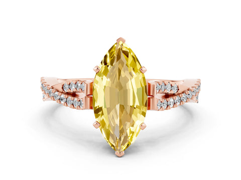 Rose gold Marquise Cut Yellow Sapphire Solitaire Engagement Ring with Twisted Pavé Band and Four-Prong Setting_12