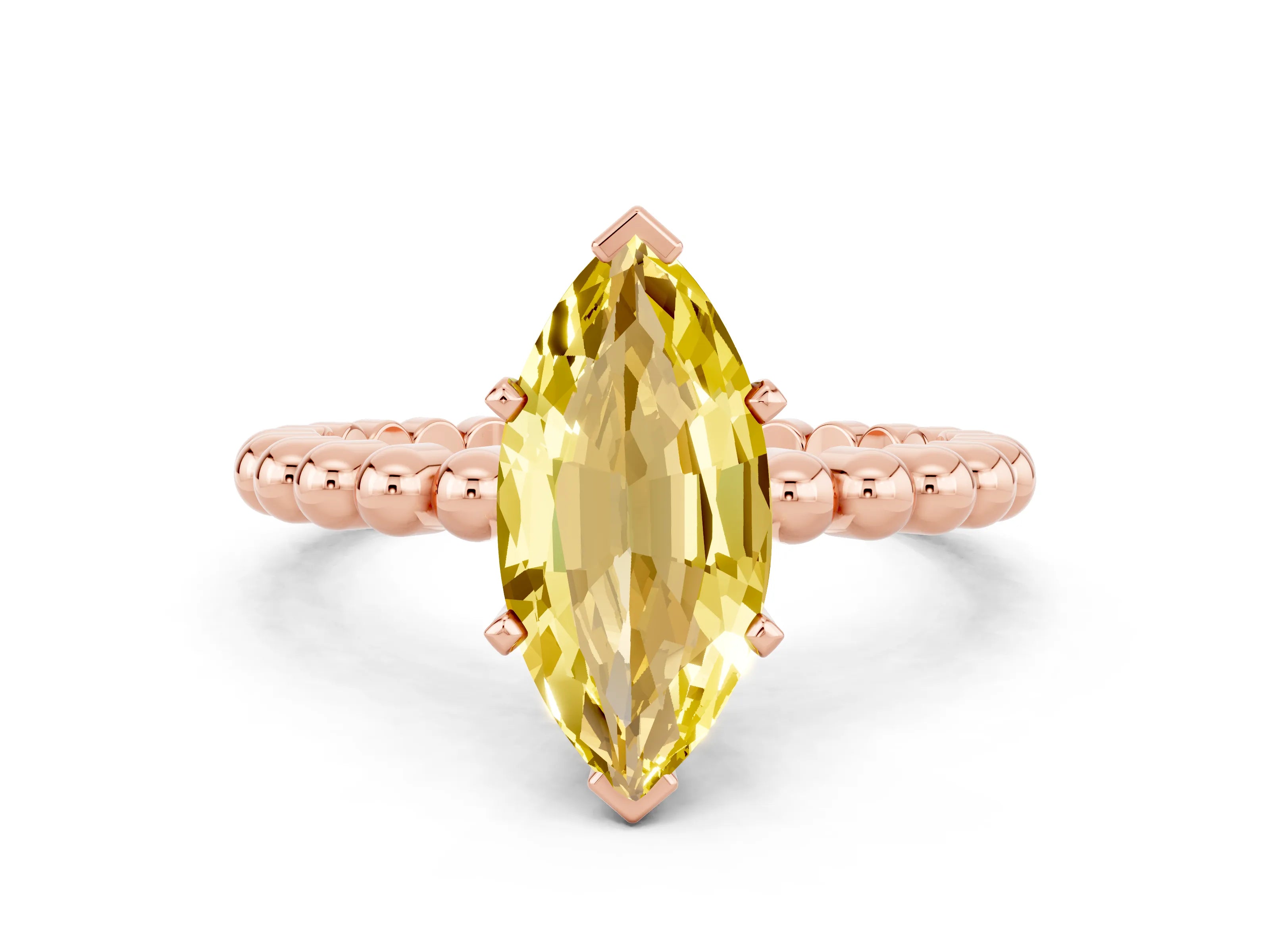 Rose gold Marquise Cut Yellow Sapphire Solitaire Ring with Beaded Band and Prong Setting