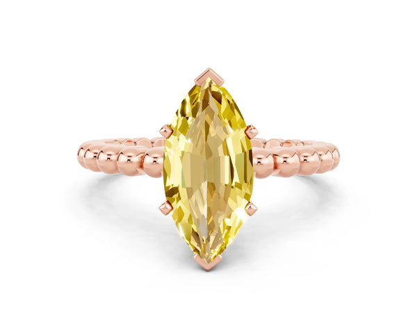 Rose gold Marquise Cut Yellow Sapphire Solitaire Ring with Beaded Band and Prong Setting