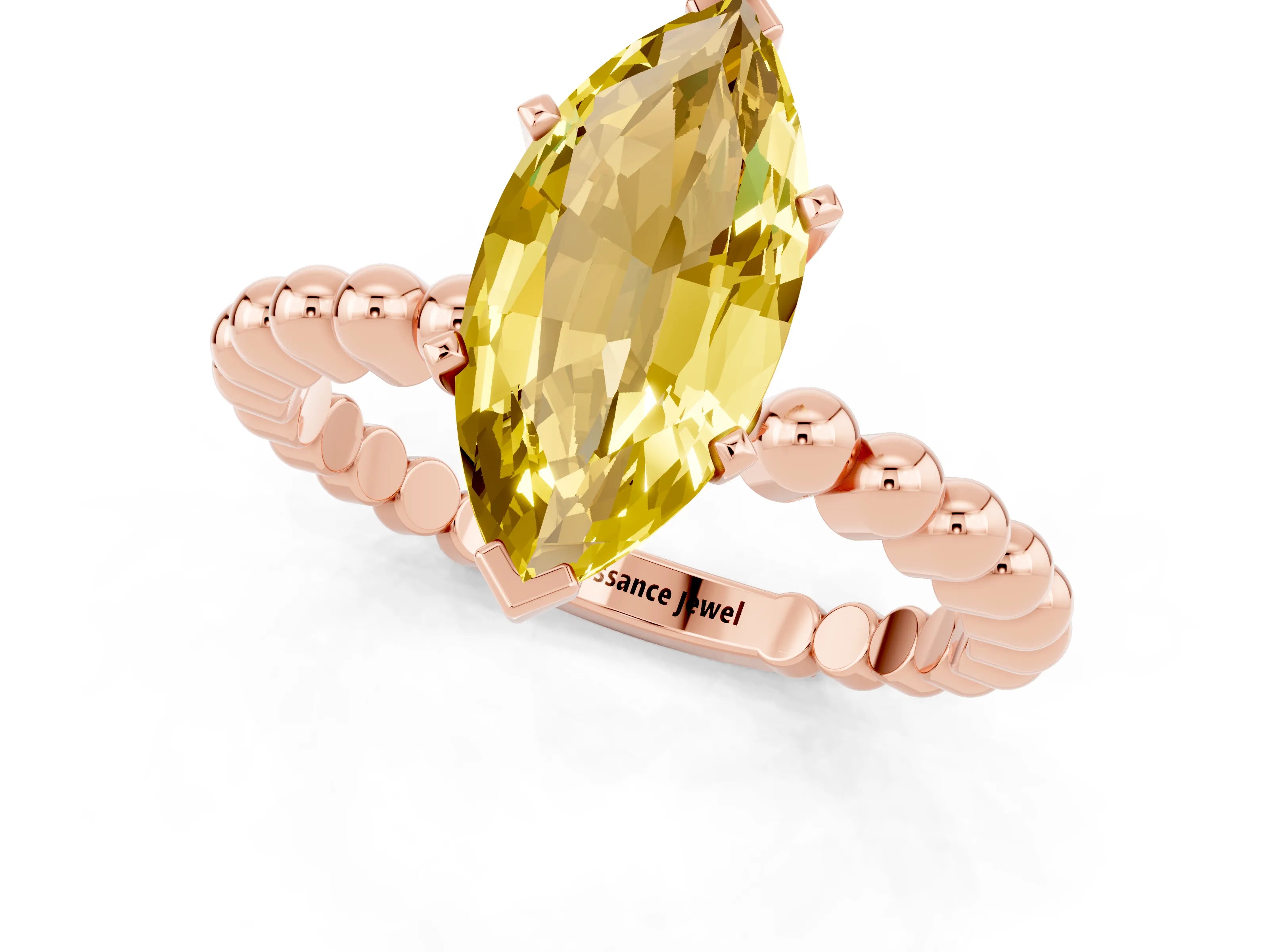 Rose gold Marquise Cut Yellow Sapphire Solitaire Ring with Beaded Band and Prong Setting_1
