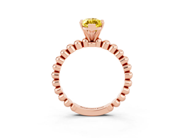 Rose gold Marquise Cut Yellow Sapphire Solitaire Ring with Beaded Band and Prong Setting