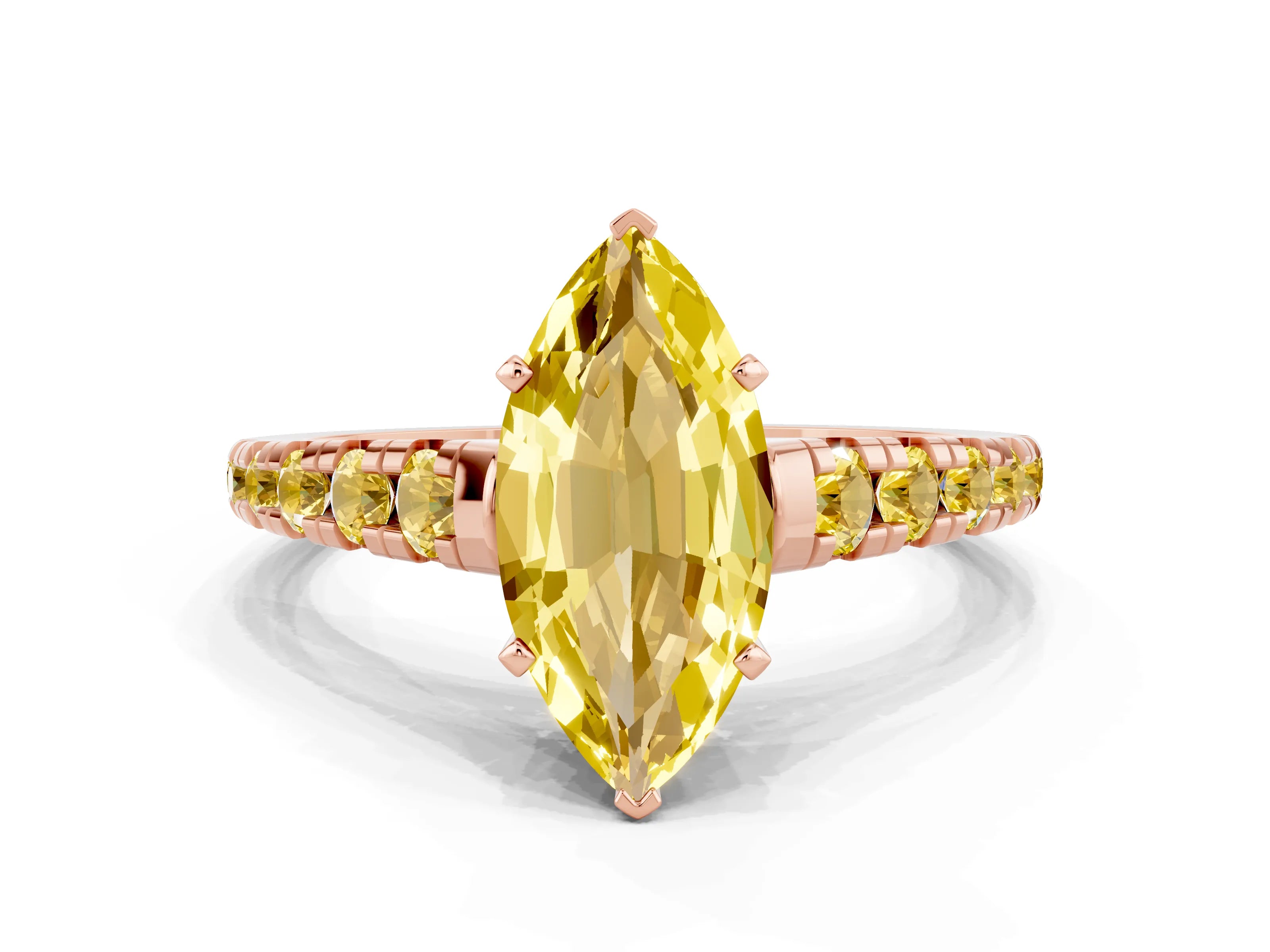Rose gold Marquise Cut Yellow Sapphire Solitaire Ring with Cathedral Setting and Pavé Band