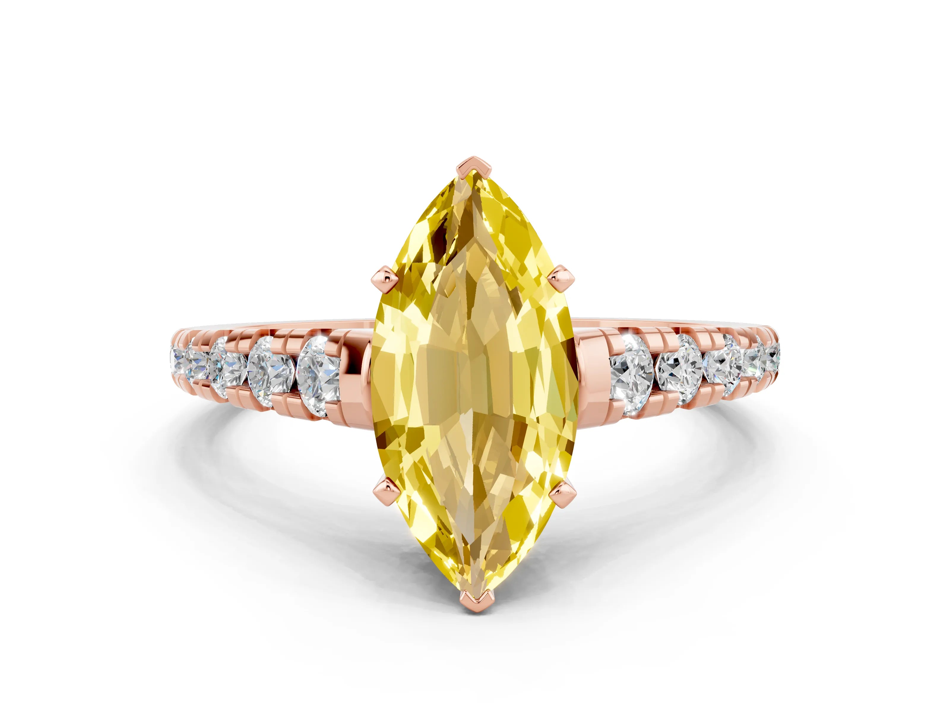 Rose gold Marquise Cut Yellow Sapphire Solitaire Ring with Cathedral Setting and Pavé Band_24