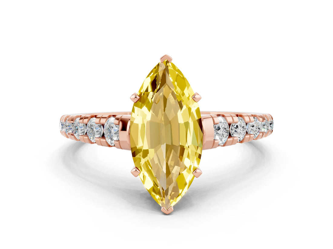 Rose gold Marquise Cut Yellow Sapphire Solitaire Ring with Cathedral Setting and Pavé Band_24