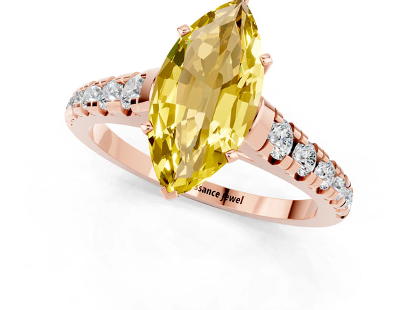 Rose gold Marquise Cut Yellow Sapphire Cathedral Solitaire Ring with Round  Pavé Band