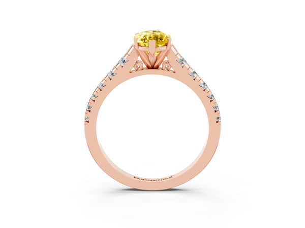 Rose gold Marquise Cut Yellow Sapphire Cathedral Solitaire Ring with Round  Pavé Band