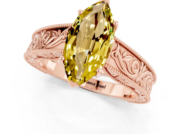 Rose gold Marquise Cut Yellow Sapphire Solitaire Ring with Engraved Band and Four-Prong Setting