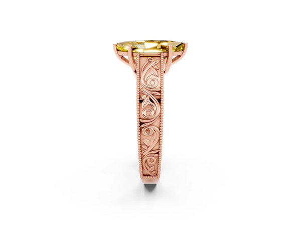 Rose gold Marquise Cut Yellow Sapphire Solitaire Ring with Engraved Band and Four-Prong Setting