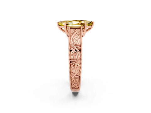 Rose gold Marquise Cut Yellow Sapphire Solitaire Ring with Engraved Band and Four-Prong Setting_2