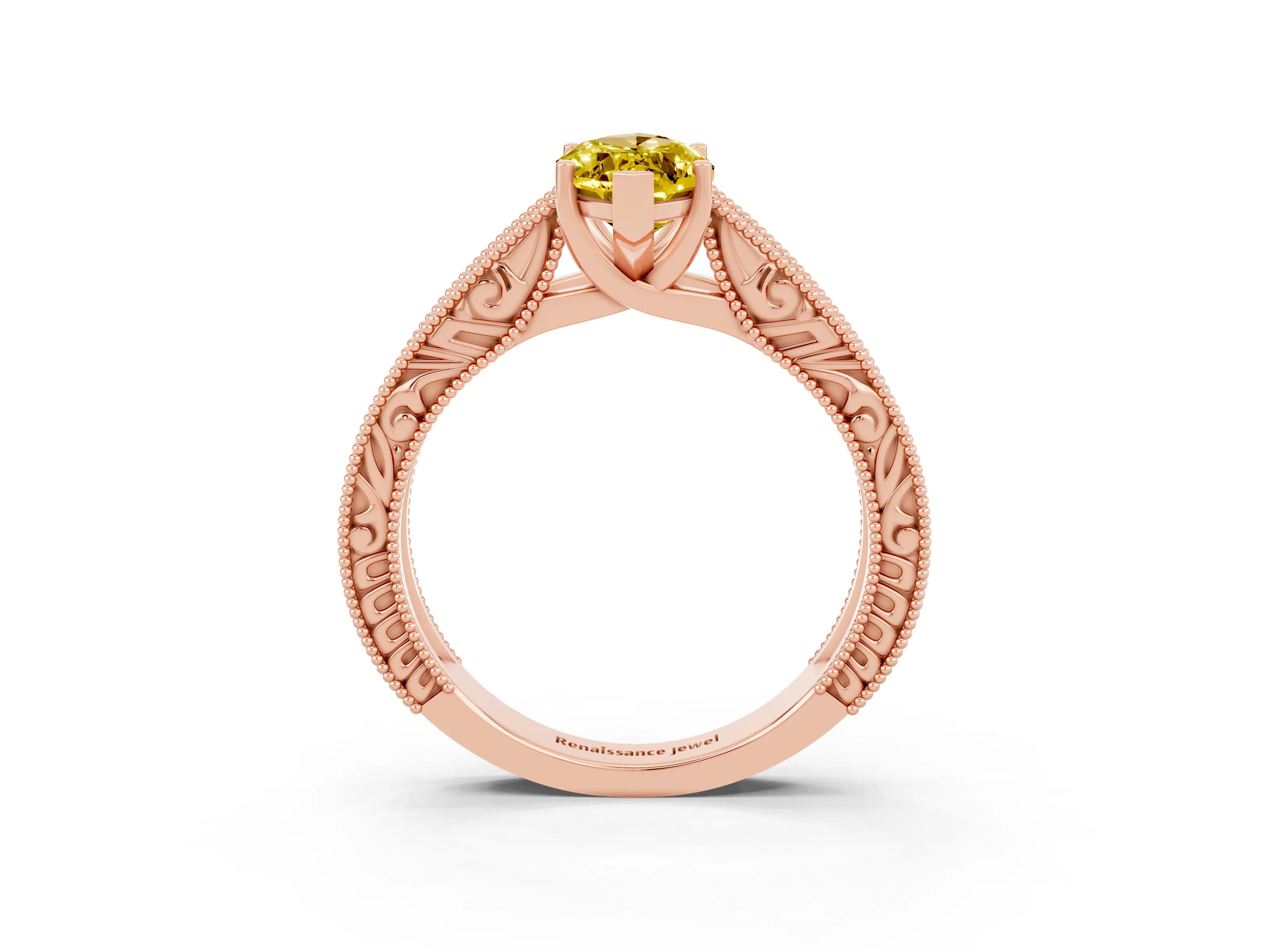 Rose gold Marquise Cut Yellow Sapphire Solitaire Ring with Engraved Band and Four-Prong Setting_3