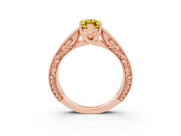 Rose gold Marquise Cut Yellow Sapphire Solitaire Ring with Engraved Band and Four-Prong Setting