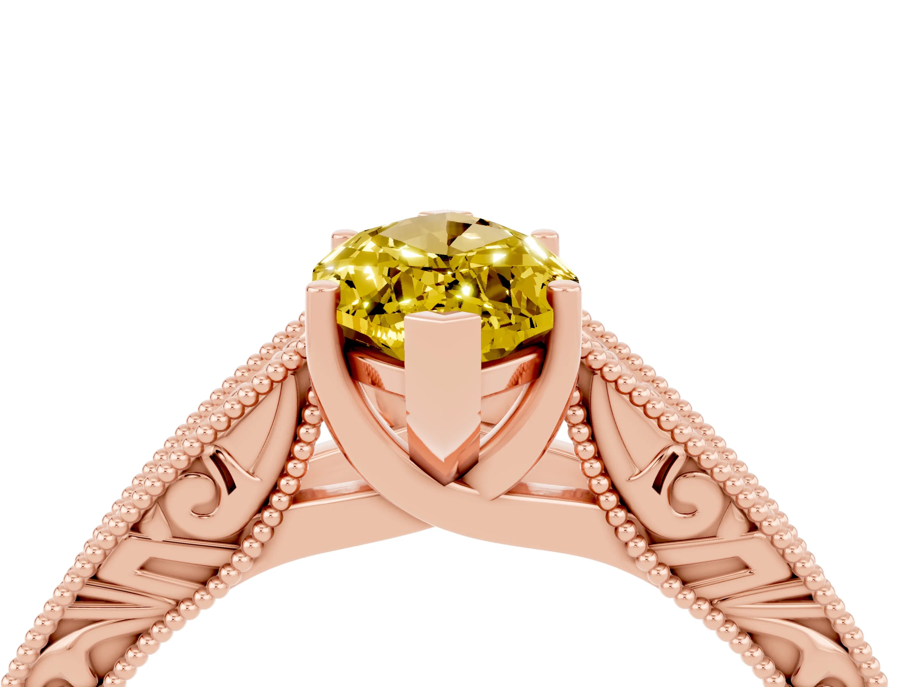 Rose gold Marquise Cut Yellow Sapphire Solitaire Ring with Engraved Band and Four-Prong Setting_4