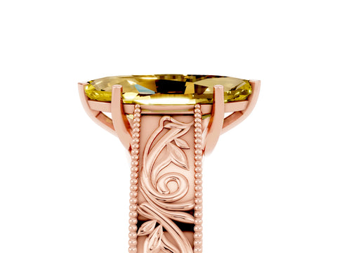 Rose gold Marquise Cut Yellow Sapphire Solitaire Ring with Engraved Band and Four-Prong Setting_5