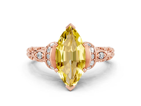 Rose gold Marquise Cut Yellow Sapphire Solitaire Ring with Filigree Band and Four-Prong Setting_48