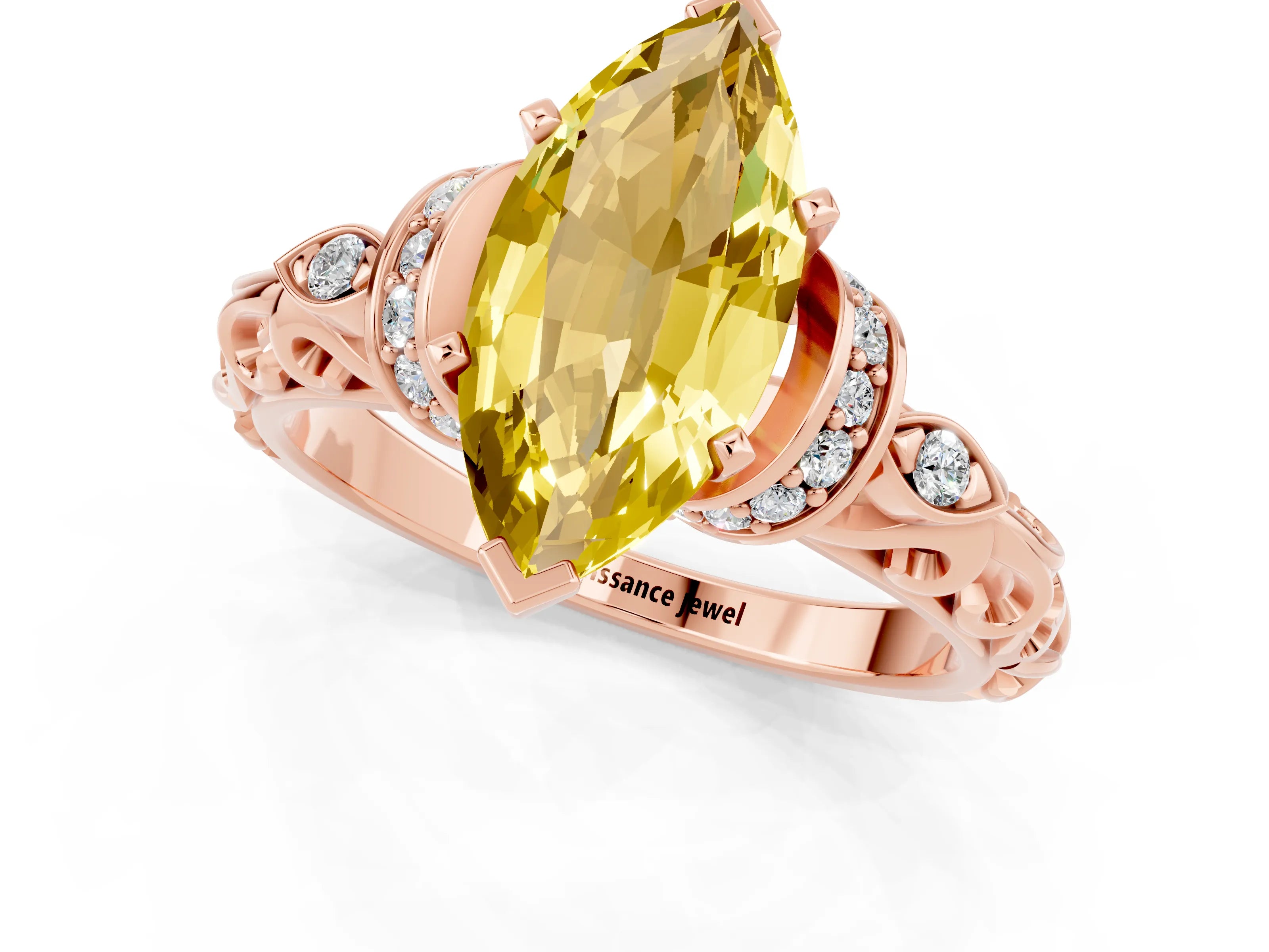 Rose gold Marquise Cut Yellow Sapphire Solitaire Ring with Filigree Band and Four-Prong Setting_49