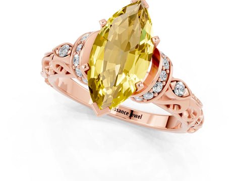 Rose gold Marquise Cut Yellow Sapphire Solitaire Ring with Filigree Band and Four-Prong Setting_49