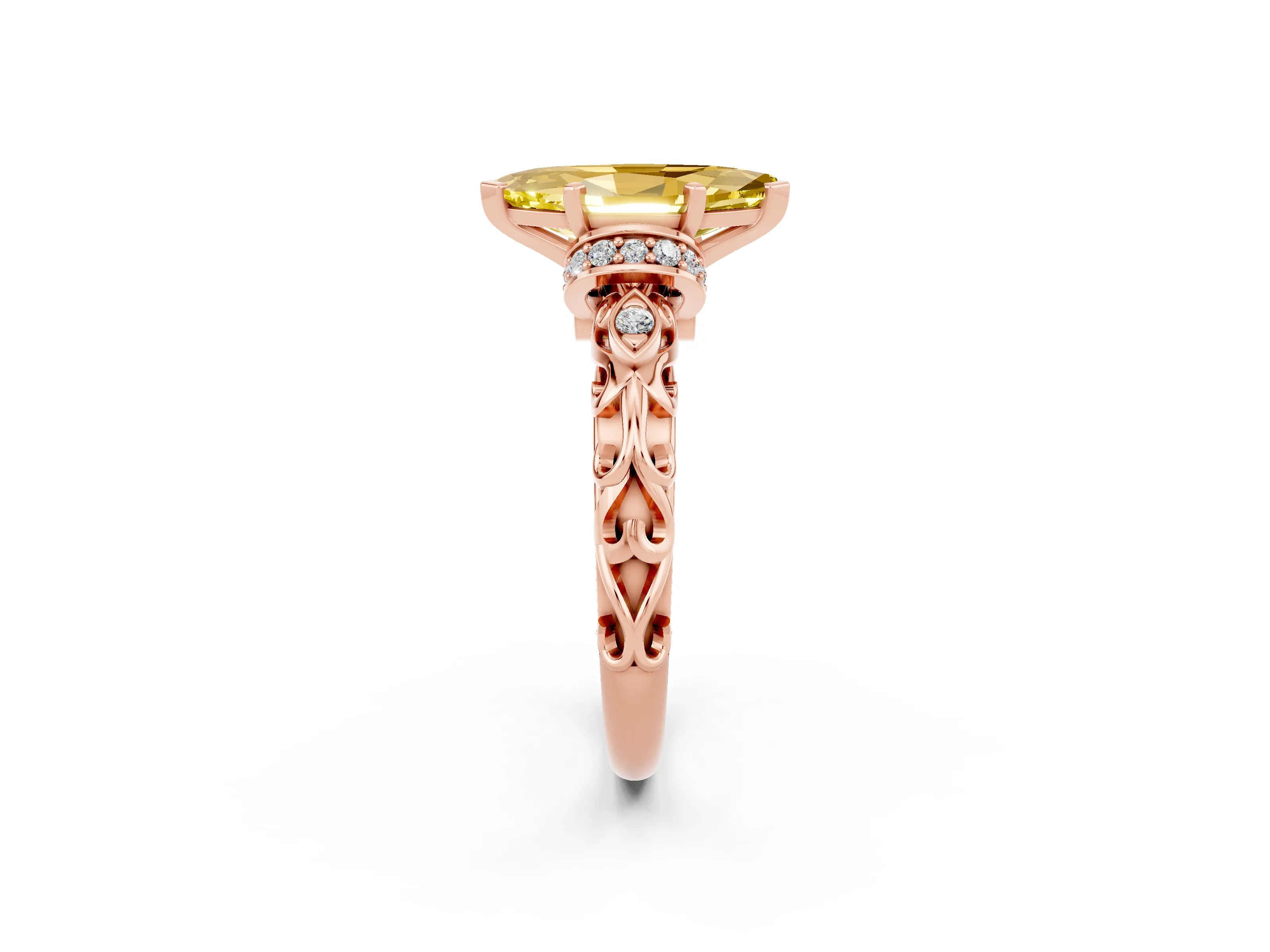 Rose gold Marquise Cut Yellow Sapphire Solitaire Ring with Filigree Band and Four-Prong Setting_50