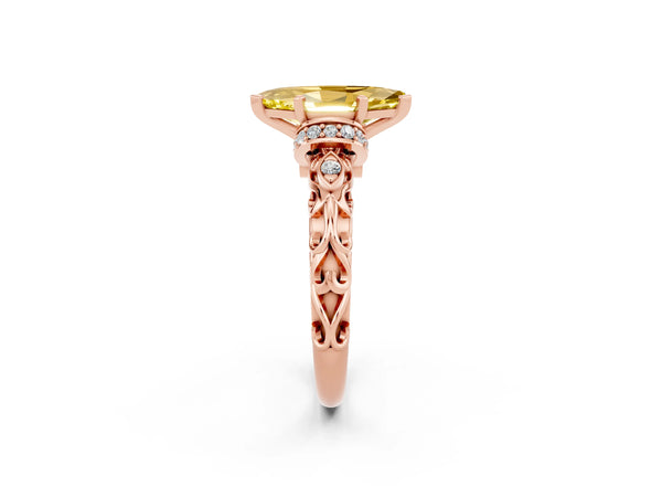 Rose gold Marquise Cut Yellow Sapphire Solitaire Ring with Filigree Band and Four-Prong Setting