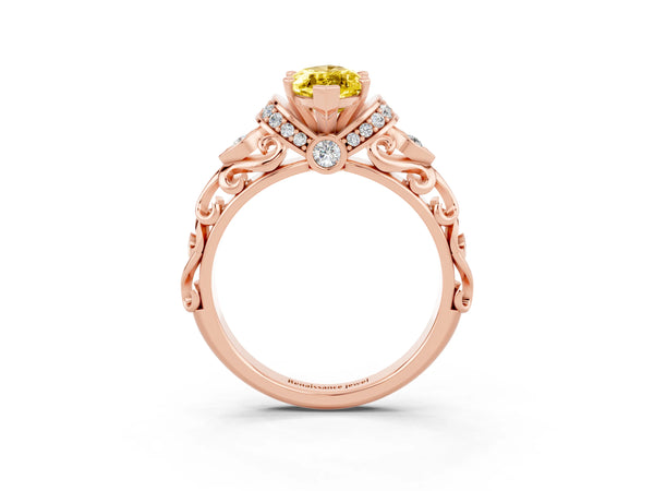 Rose gold Marquise Cut Yellow Sapphire Solitaire Ring with Filigree Band and Four-Prong Setting