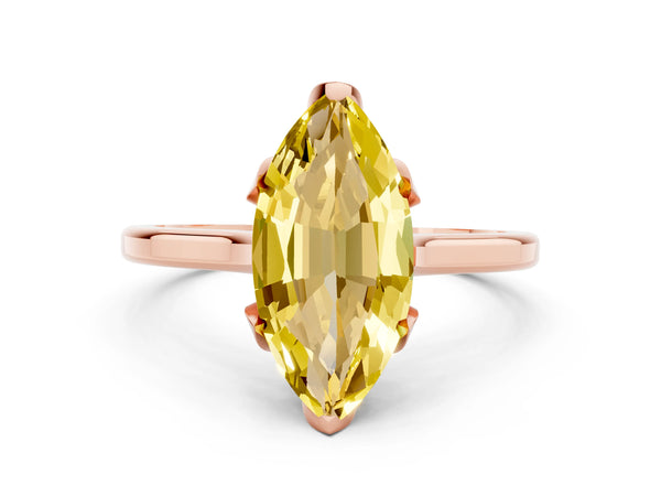 Rose gold Marquise Cut Yellow Sapphire Solitaire Ring with Flower Prong Setting and Classic Band