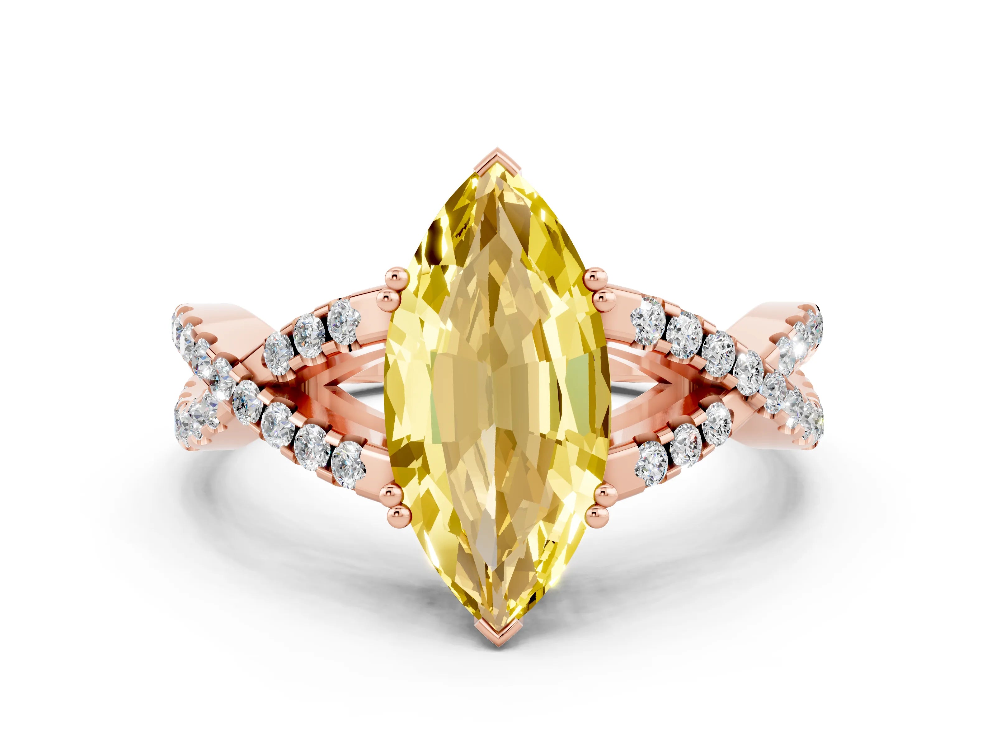 Rose gold Marquise Cut Yellow Sapphire Solitaire Ring with Four-Prong Setting and Twisted Pavé Band_12